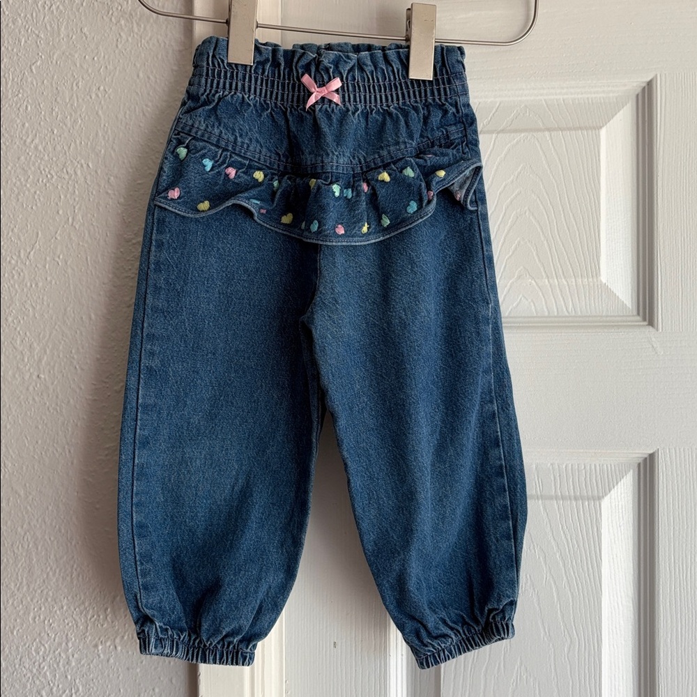 VINTAGE Made in USA 100% cotton heart embroidered jogger ruffle jeans